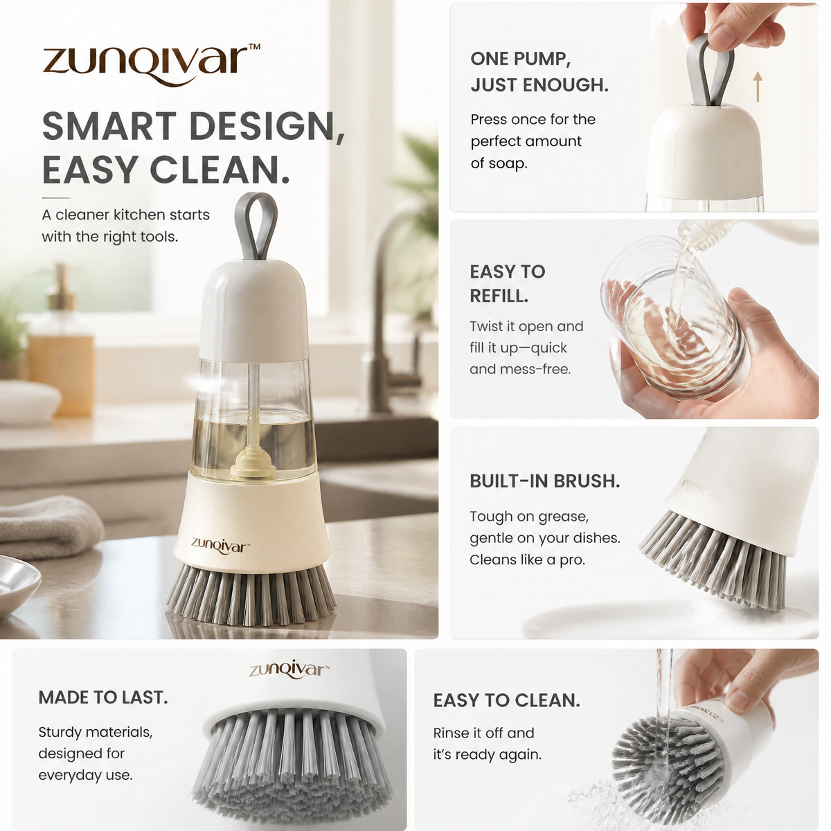 𝒛𝒖𝒏𝒒𝒊𝒗𝒂𝒓™ Soap Dispensing Dish Brush with Refillable Handle — view 4
