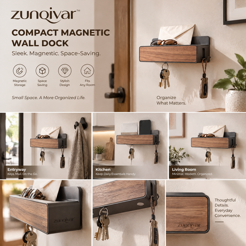 𝒛𝒖𝒏𝒒𝒊𝒗𝒂𝒓™ Compact Magnetic Wall Dock with Key Hooks — view 2
