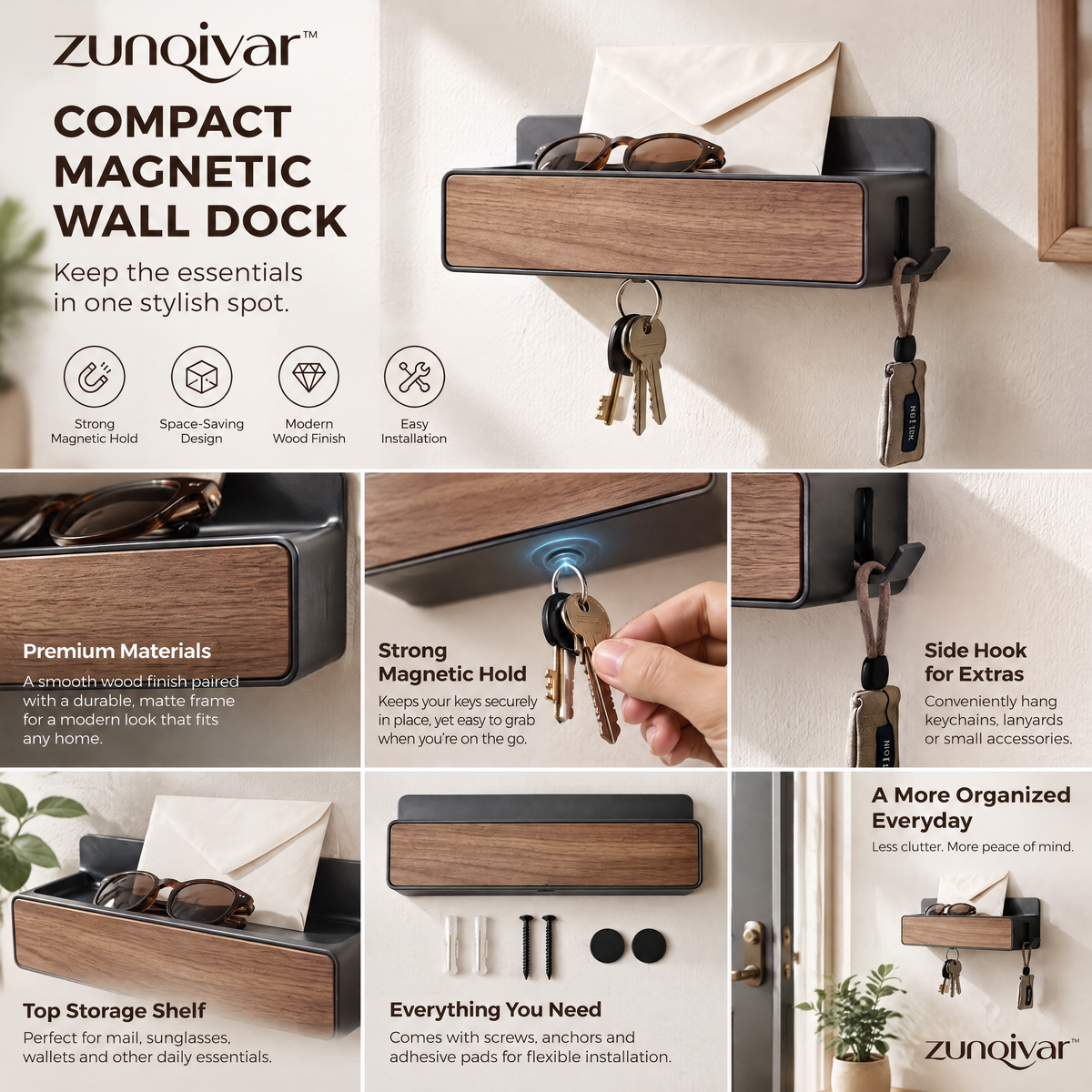 𝒛𝒖𝒏𝒒𝒊𝒗𝒂𝒓™ Compact Magnetic Wall Dock with Key Hooks — view 4