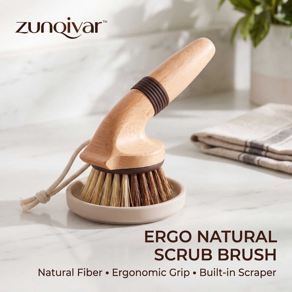 𝒛𝒖𝒏𝒒𝒊𝒗𝒂𝒓™ Ergo Natural-Fiber Scrub Brush with Built-In Scraper — view 1