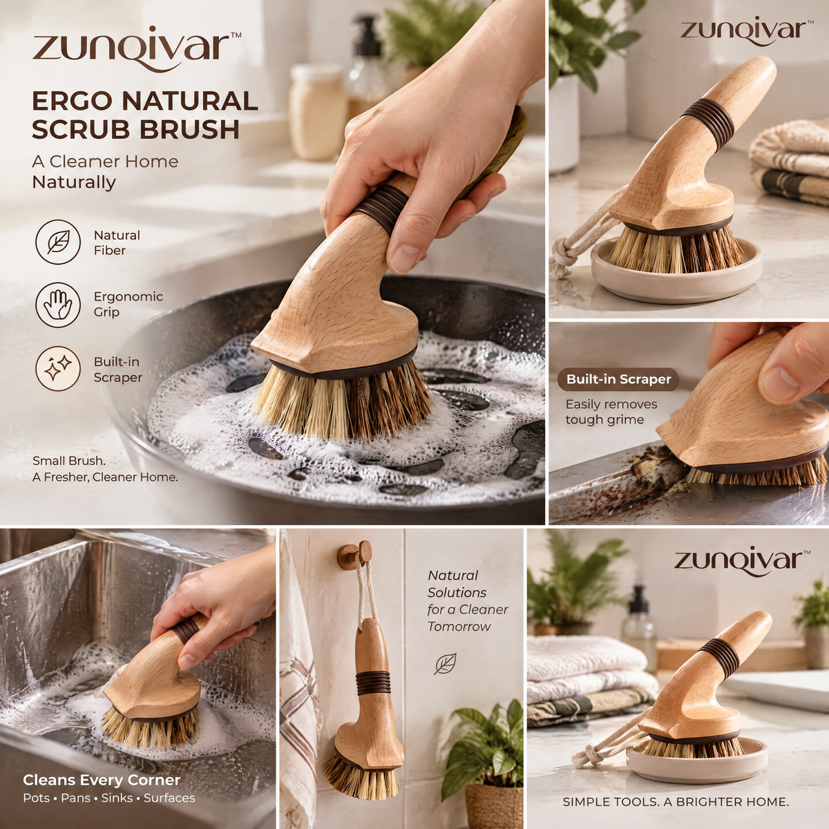 𝒛𝒖𝒏𝒒𝒊𝒗𝒂𝒓™ Ergo Natural-Fiber Scrub Brush with Built-In Scraper — view 2