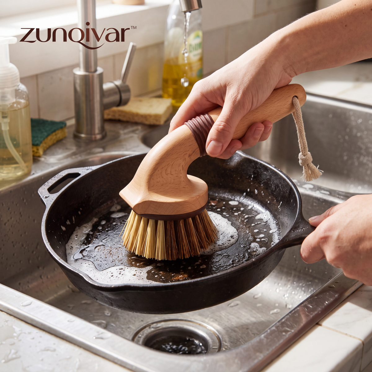 𝒛𝒖𝒏𝒒𝒊𝒗𝒂𝒓™ Ergo Natural-Fiber Scrub Brush with Built-In Scraper — view 3