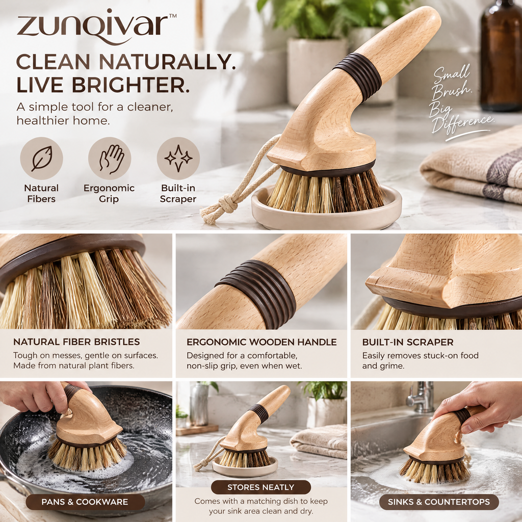 𝒛𝒖𝒏𝒒𝒊𝒗𝒂𝒓™ Ergo Natural-Fiber Scrub Brush with Built-In Scraper — view 4