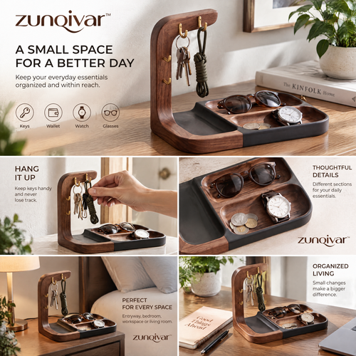 𝒛𝒖𝒏𝒒𝒊𝒗𝒂𝒓™ Desk and Entryway Valet Tray with Key Hooks — view 2