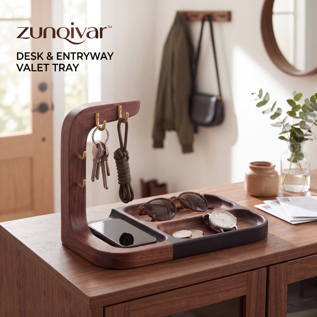 𝒛𝒖𝒏𝒒𝒊𝒗𝒂𝒓™ Desk and Entryway Valet Tray with Key Hooks — view 3