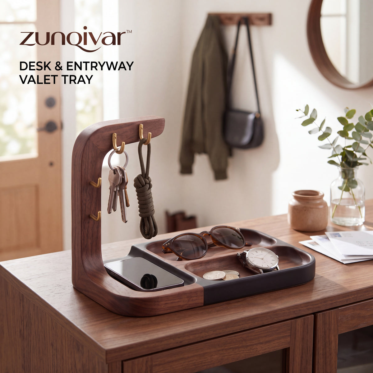 𝒛𝒖𝒏𝒒𝒊𝒗𝒂𝒓™ Desk and Entryway Valet Tray with Key Hooks — view 3