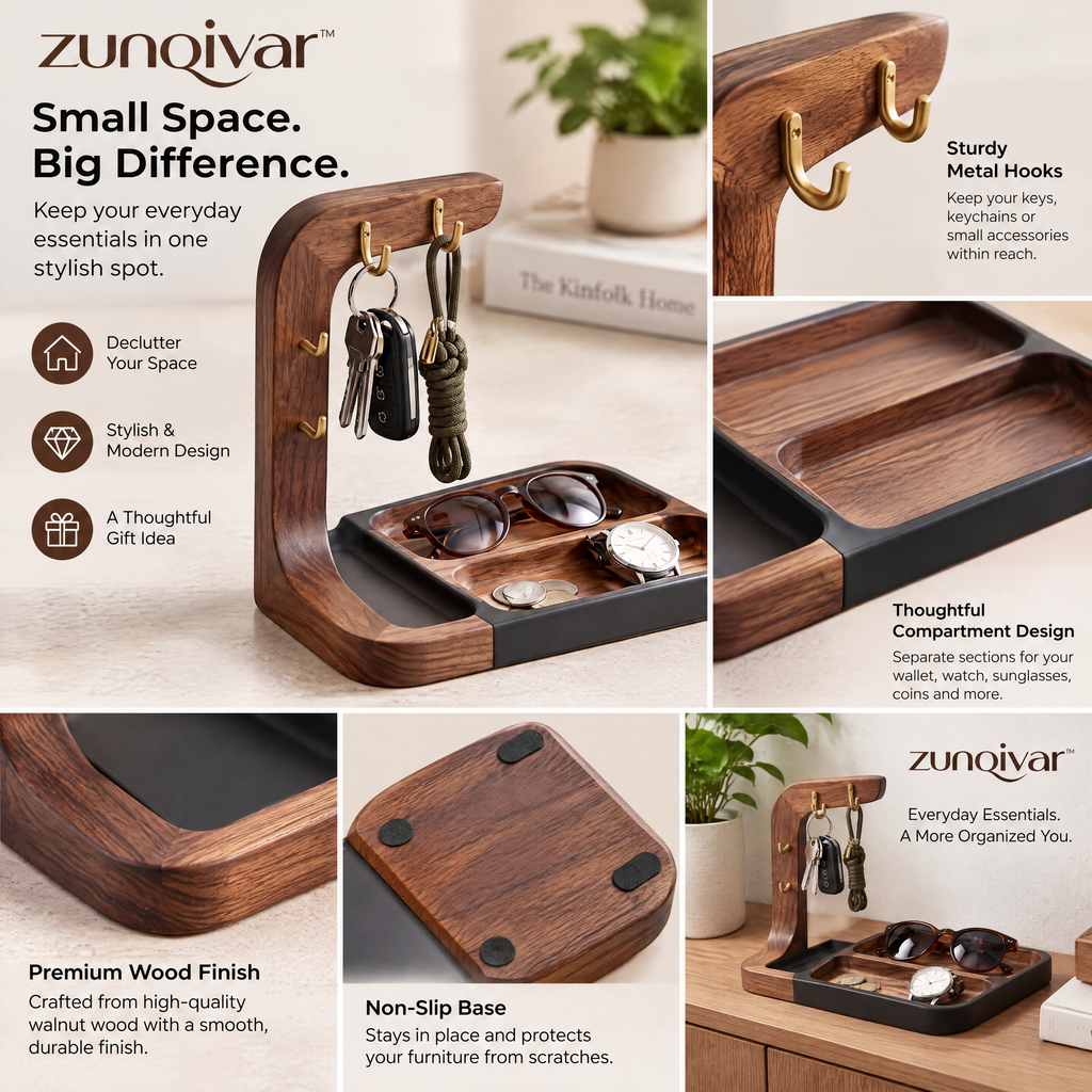 𝒛𝒖𝒏𝒒𝒊𝒗𝒂𝒓™ Desk and Entryway Valet Tray with Key Hooks — view 4