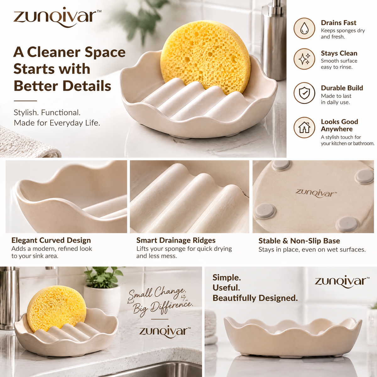 𝒛𝒖𝒏𝒒𝒊𝒗𝒂𝒓™ Sculpted Sponge Dish with Raised Drainage Ridges — view 4